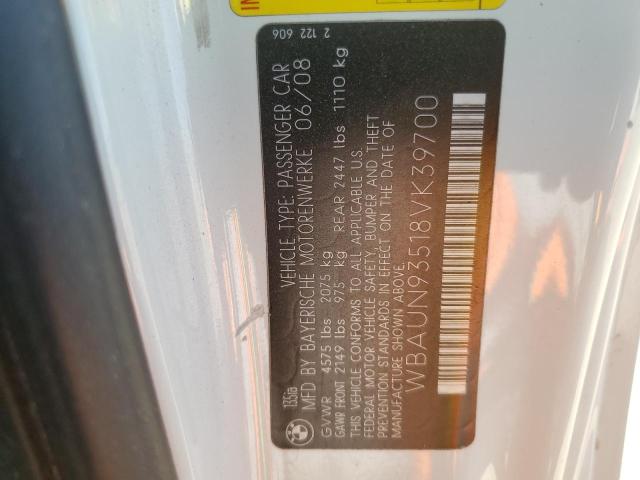 WBAUN93518VK39700 - 2008 BMW 1 SERIES I თეთრი ფოტო 12