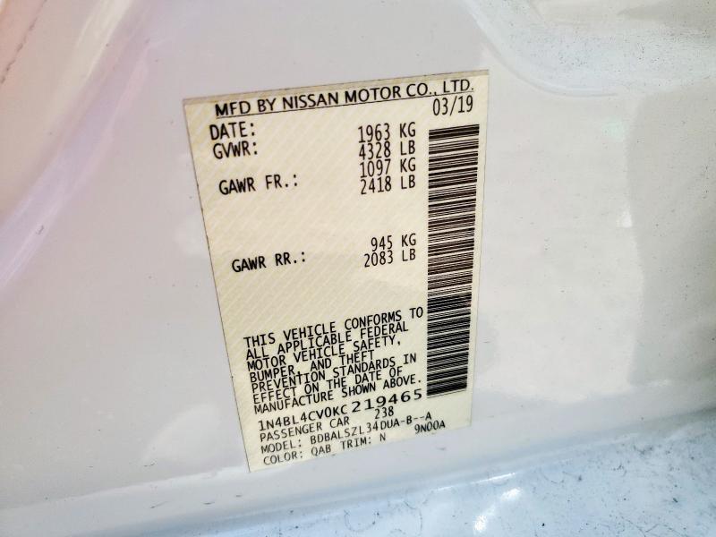 1N4BL4CV0KC219465 - 2019 NISSAN ALTIMA SR WHITE photo 13