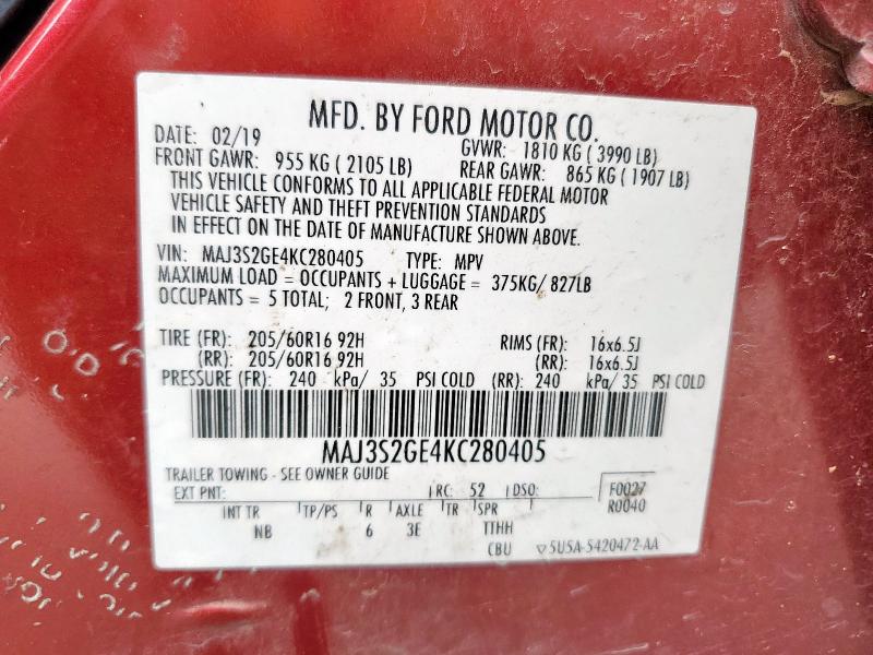 MAJ3S2GE4KC280405 - 2019 FORD ECOSPORT SE Марун фото 13