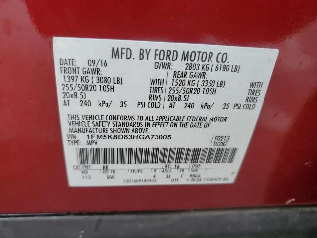 1FM5K8D83HGA73005 - 2017 FORD EXPLORER XLT RED photo 14