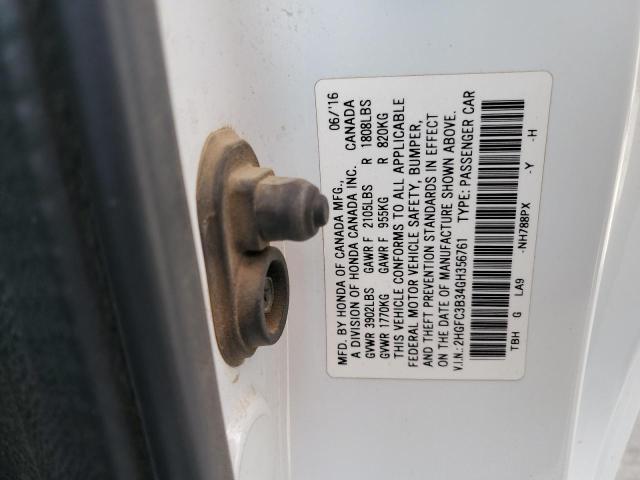 2HGFC3B34GH356761 - 2016 HONDA CIVIC EX WHITE photo 12