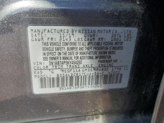 3N1AB7AP5KY454260 - 2019 NISSAN SENTRA S 灰色 照片 12