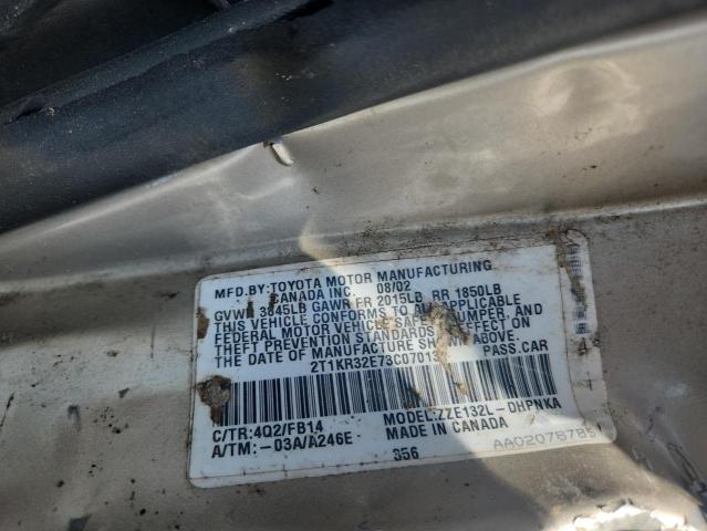 2T1KR32E73C070131 - 2003 TOYOTA COROLLA MA XR TAN photo 12