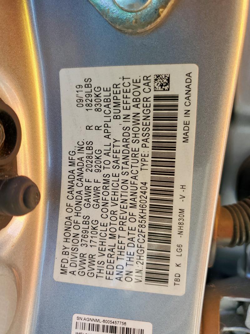 2HGFC2F85KH602404 - 2019 HONDA CIVIC SPORT SILVER photo 12