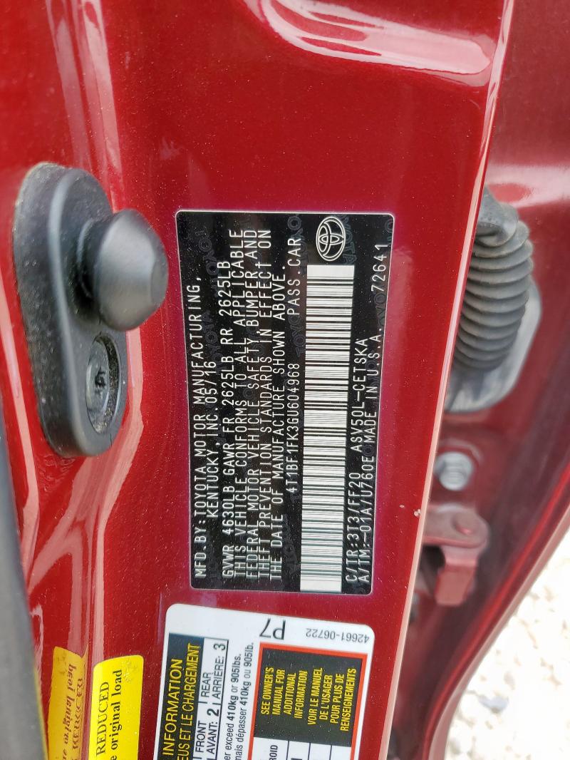 4T1BF1FK3GU604968 - 2016 TOYOTA CAMRY LE 勃艮第红 照片 12