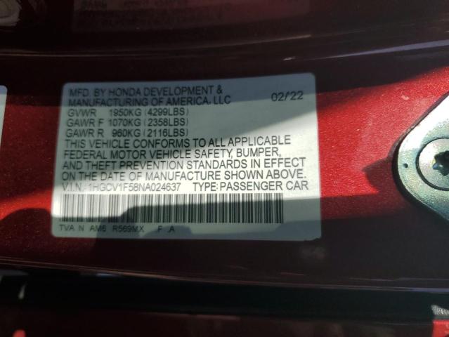 1HGCV1F58NA024637 - 2022 HONDA ACCORD EXL RED photo 12