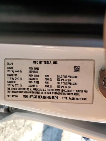 5YJ3E1EA4MF074809 - 2021 TESLA MODEL 3 白色 照片 12