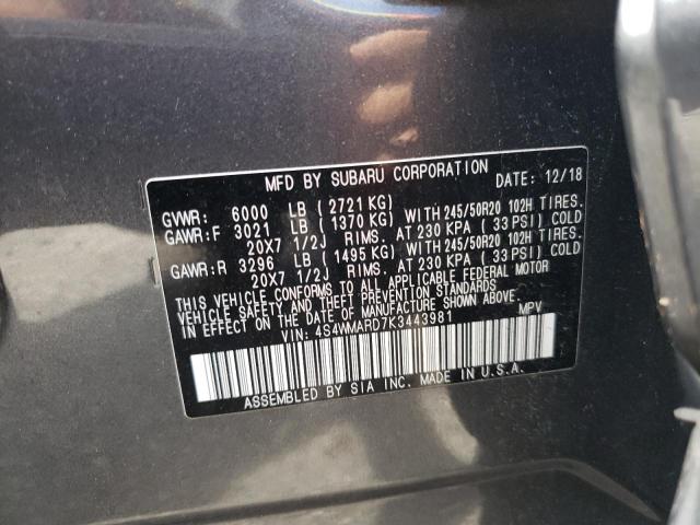 4S4WMARD7K3443981 - 2019 SUBARU ASCENT TOURING GRAY photo 12