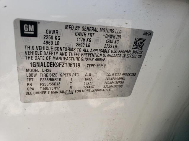 1GNALCEK9FZ106319 - 2015 CHEVROLET EQUINOX LT Ақ фото 12