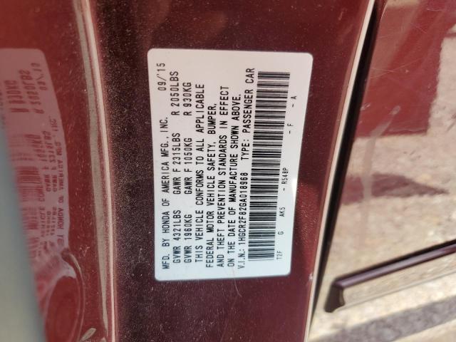 1HGCR2F82GA018968 - 2016 HONDA ACCORD EXL RED photo 12