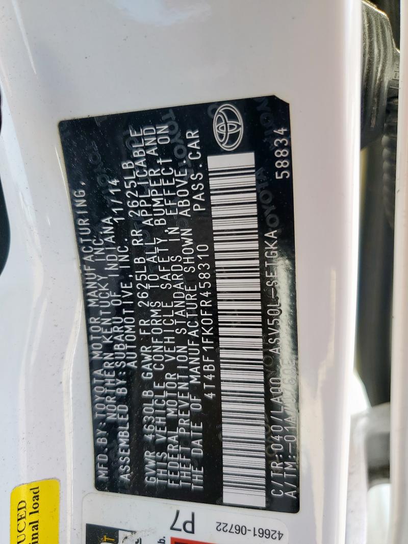 4T4BF1FK0FR458310 - 2015 TOYOTA CAMRY LE თეთრი ფოტო 13