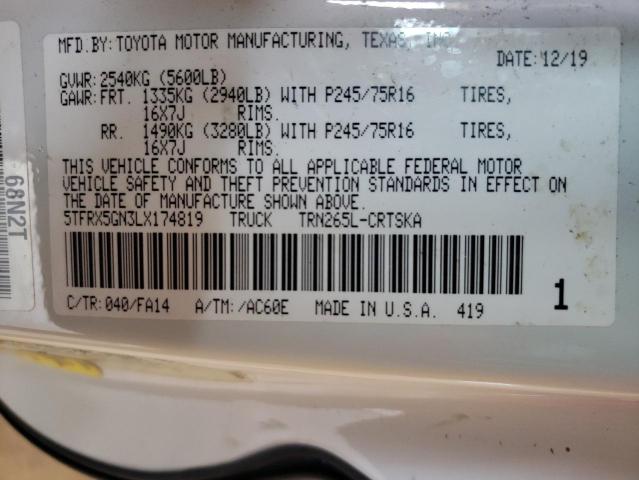 5TFRX5GN3LX174819 - 2020 TOYOTA TACOMA ACCESS CAB Weiß Foto 12