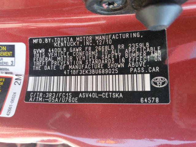 4T1BF3EK3BU689025 - 2011 TOYOTA CAMRY BASE Rouge photo 13