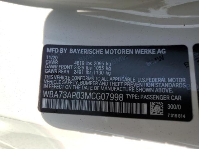 WBA73AP03MCG07998 - 2021 BMW 430XI WHITE photo 12