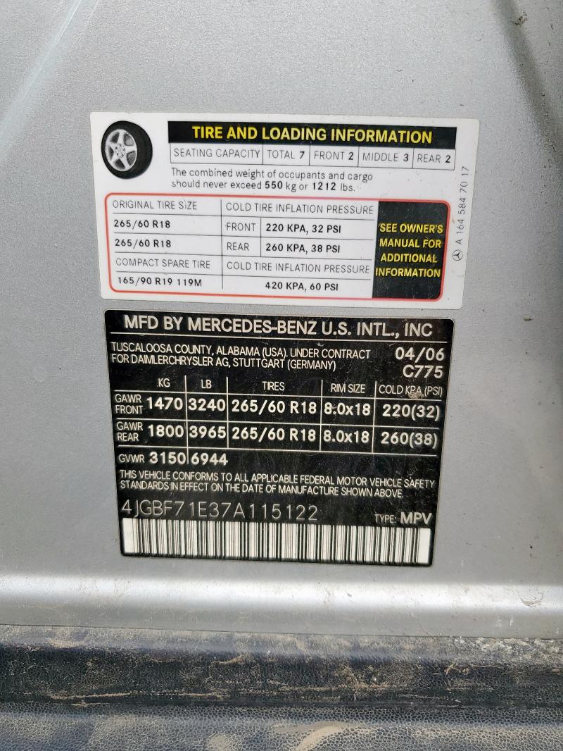 4JGBF71E37A115122 - 2007 MERCEDES-BENZ GL 450 4MATIC SILVER photo 13