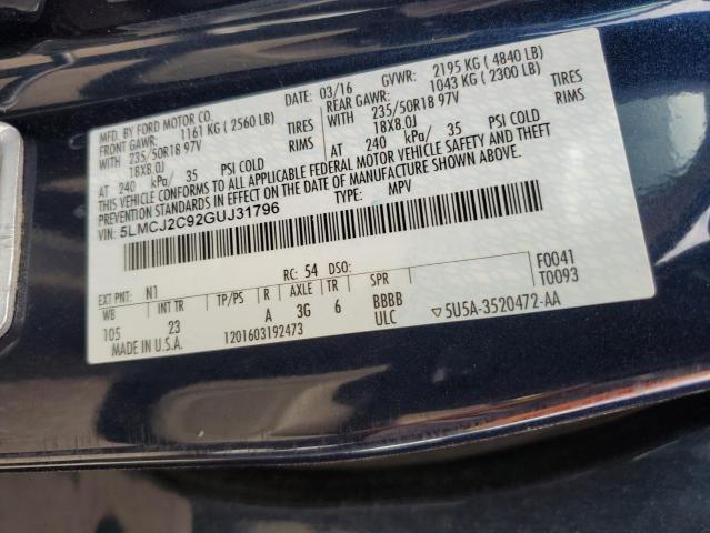 5LMCJ2C92GUJ31796 - 2016 LINCOLN MKC SELECT Կապույտ լուսանկար 13