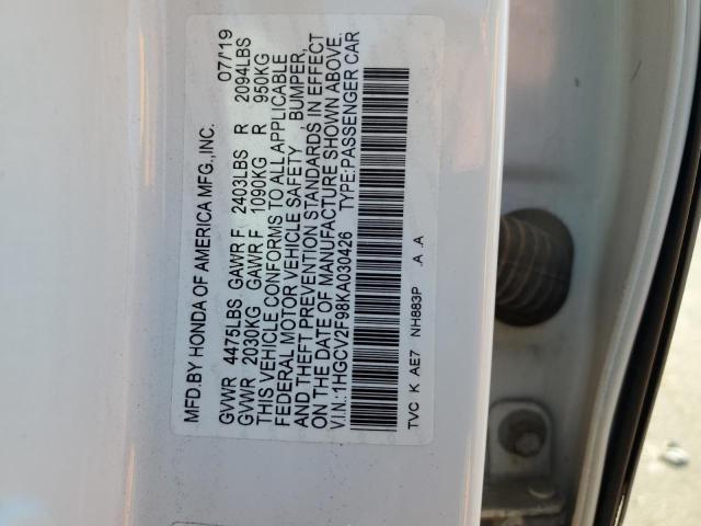 1HGCV2F98KA030426 - 2019 HONDA ACCORD TOURING WHITE photo 12