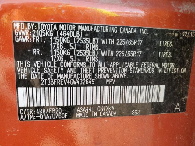 2T3BFREV4GW432645 - 2016 TOYOTA RAV4 LE ORANGE photo 13