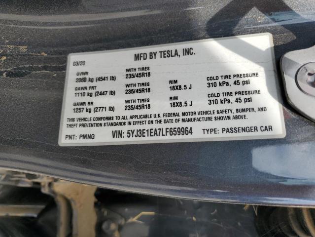 5YJ3E1EA7LF659964 - 2020 TESLA MODEL 3 ნაცრისფერი ფოტო 12