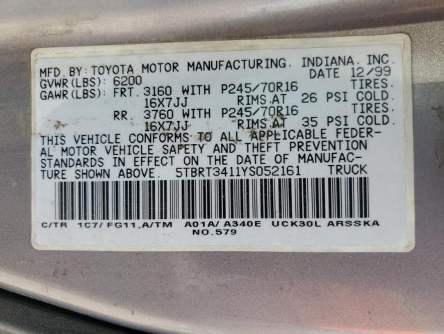 5TBRT3411YS052161 - 2000 TOYOTA TUNDRA ACCESS CAB Noir photo 12