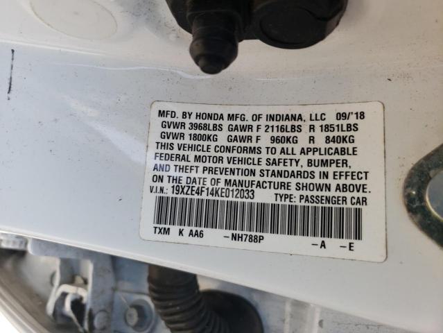 19XZE4F14KE012033 - 2019 HONDA INSIGHT LX WHITE photo 12