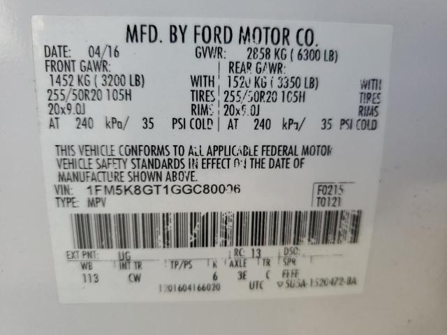 1FM5K8GT1GGC80006 - 2016 FORD EXPLORER SPORT WHITE photo 13