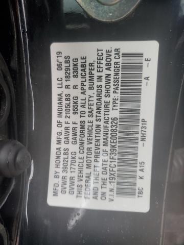 19XFC1F39KE008326 - 2019 HONDA CIVIC EX BLACK photo 12