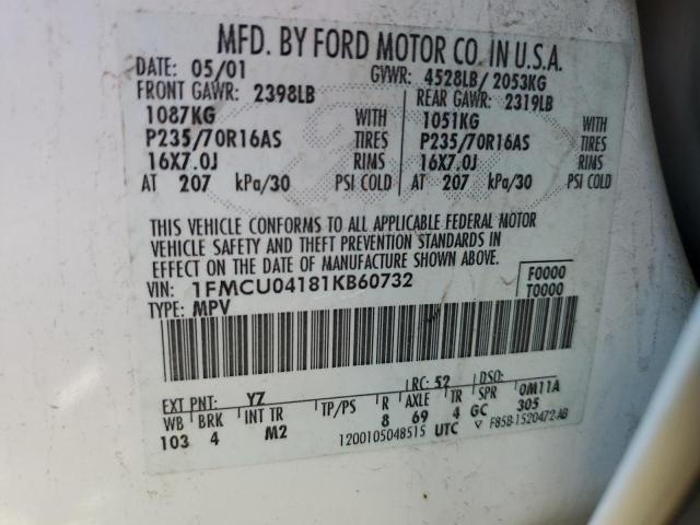 1FMCU04181KB60732 - 2001 FORD ESCAPE XLT WHITE photo 12