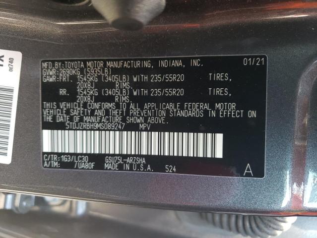 5TDJZRBH9MS089247 - 2021 TOYOTA HIGHLANDER XSE CHARCOAL photo 12