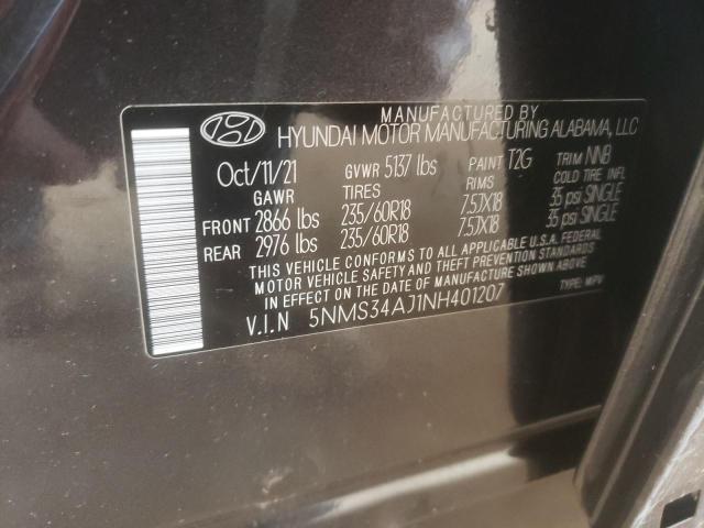 5NMS34AJ1NH401207 - 2022 HYUNDAI SANTA FE SEL Գրաֆիտ լուսանկար 10
