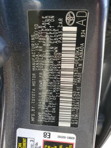 2T1BU4EEXAC494108 - 2010 TOYOTA COROLLA BASE ნაცრისფერი ფოტო 12