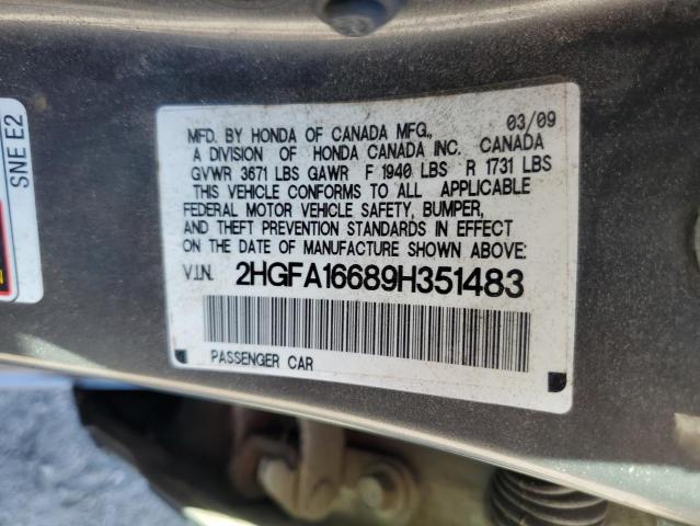 2HGFA16689H351483 - 2009 HONDA CIVIC LX-S 灰色 照片 12