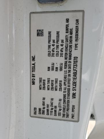 5YJ3E1EA6LF737070 - 2020 TESLA MODEL 3 WHITE photo 12