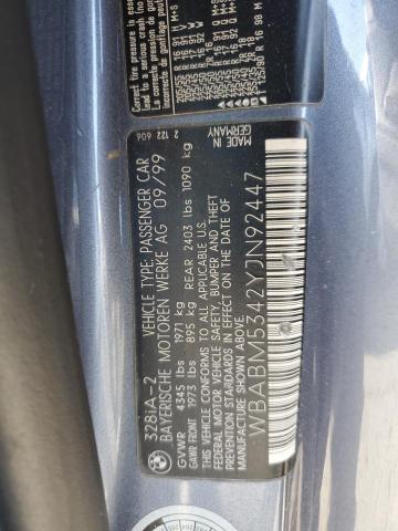 WBABM5342YJN92447 - 2000 BMW 3 SERIES CI BLUE photo 12