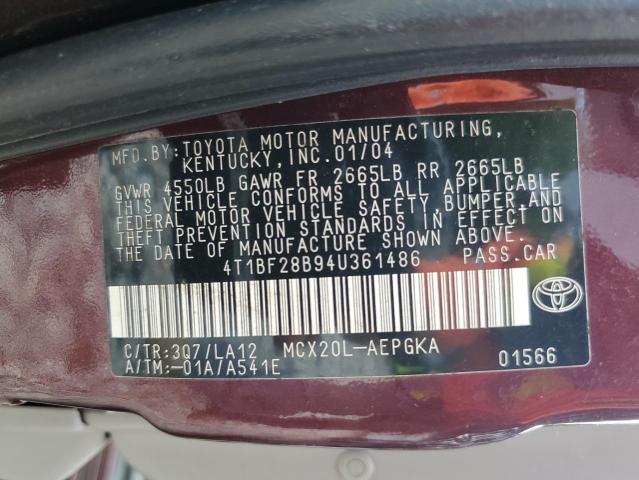 4T1BF28B94U361486 - 2004 TOYOTA AVALON XL 紫色 照片 12