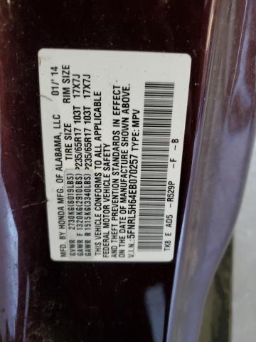 5FNRL5H64EB070257 - 2014 HONDA ODYSSEY EXL MAROON photo 13