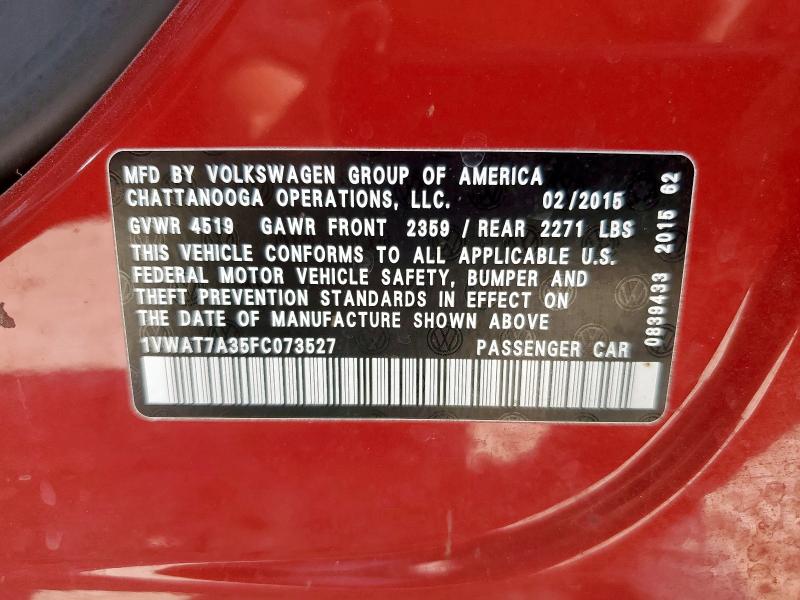 1VWAT7A35FC073527 - 2015 VOLKSWAGEN PASSAT S RED photo 12