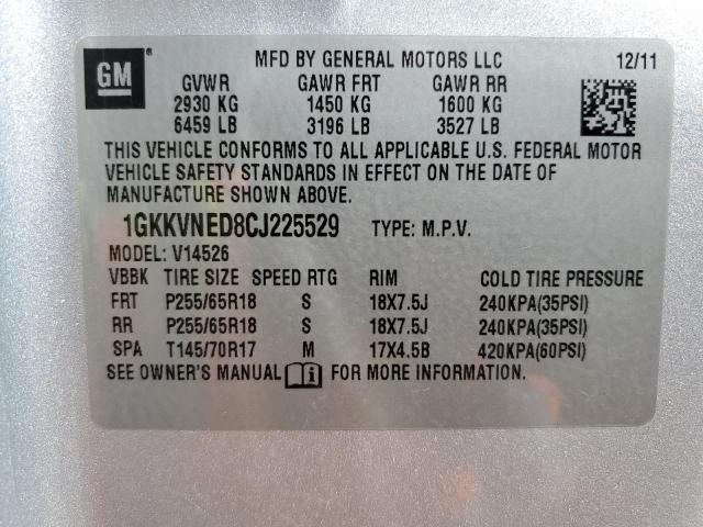 1GKKVNED8CJ225529 - 2012 GMC ACADIA SLE SILVER photo 14