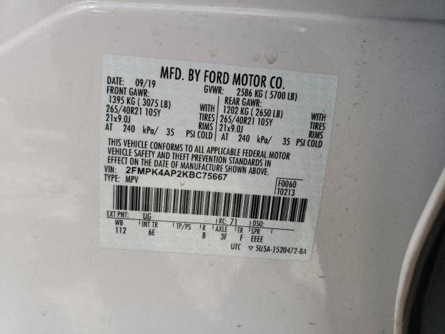 2FMPK4AP2KBC75667 - 2019 FORD EDGE ST WHITE photo 12