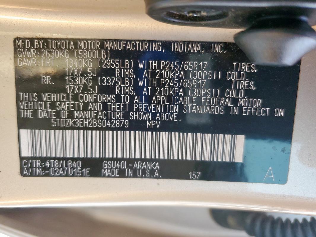 5TDZK3EH2BS042879 - 2011 TOYOTA HIGHLANDER BASE GOLD photo 13