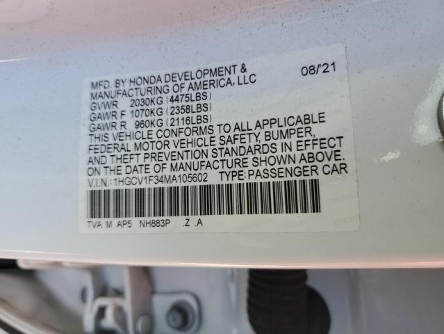 1HGCV1F34MA105602 - 2021 HONDA ACCORD SPORT 白色 照片 12
