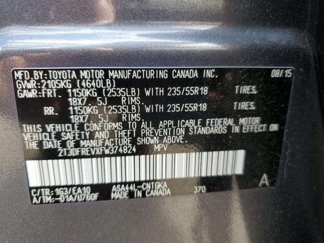 2T3DFREVXFW374824 - 2015 TOYOTA RAV4 LIMITED GRAY photo 13