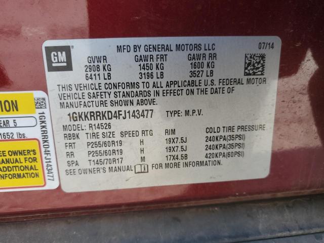 1GKKRRKD4FJ143477 - 2015 GMC ACADIA SLT-1 RED photo 13