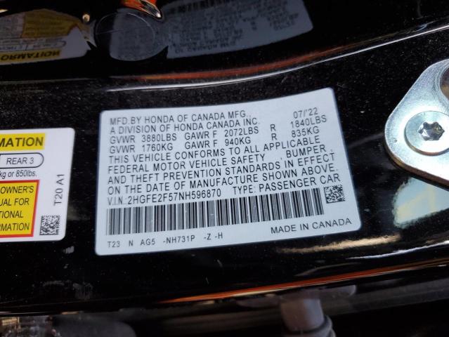 2HGFE2F57NH596870 - 2022 HONDA CIVIC SPORT 黑色 照片 10