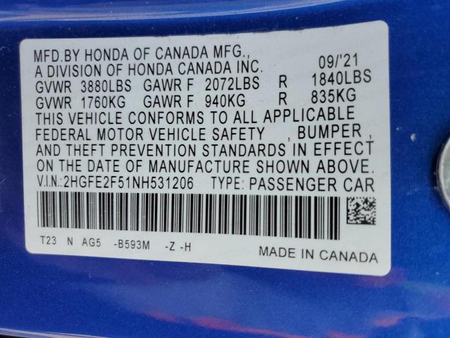2HGFE2F51NH531206 - 2022 HONDA CIVIC SPORT 蓝色 照片 13