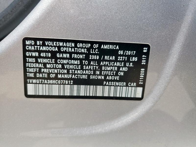 1VWGT7A36HC077812 - 2017 VOLKSWAGEN PASSAT SE SILVER photo 13