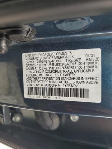 5FNYF6H5XMB089474 - 2021 HONDA PILOT EXL BLUE photo 13