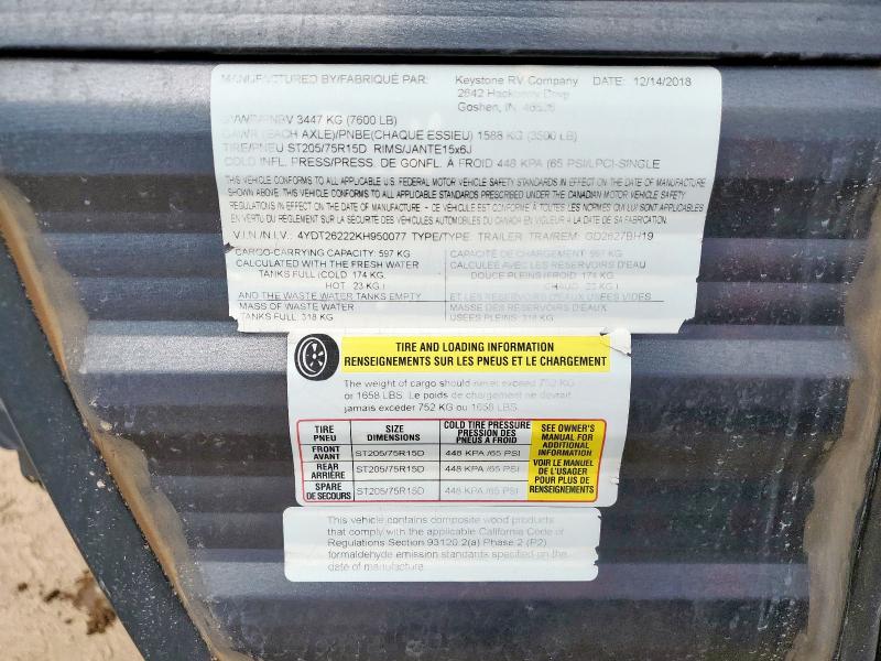 4YDT26222KH950077 - 2019 KEYSTONE TRAILER TWO TONE photo 10