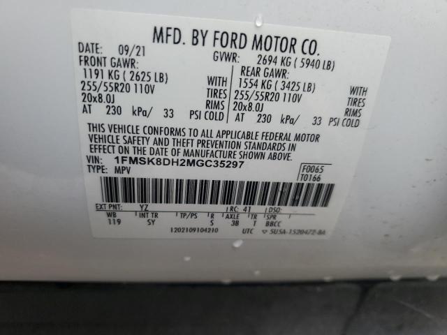 1FMSK8DH2MGC35297 - 2021 FORD EXPLORER XLT თეთრი ფოტო 12