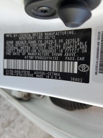 4T1BF1FK6CU114132 - 2012 TOYOTA CAMRY BASE თეთრი ფოტო 12